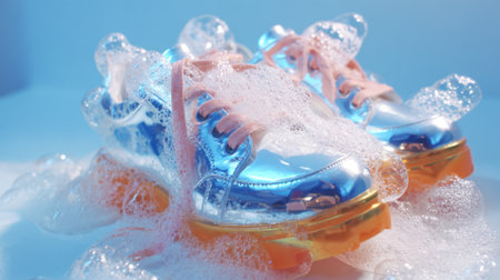 Bright and shiny shoes rest amidst white bubbles, creating a fun and vibrant atmosphere. The playful cleaning evokes a sense of joy and freshness, showing the shoes' unique design.の素材