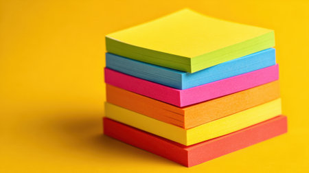 Vibrant sticky notes in various colors are neatly stacked, showcasing a bright yellow background. Ideal for organizing tasks or brainstorming creative ideas in an office or classroom setting.の素材