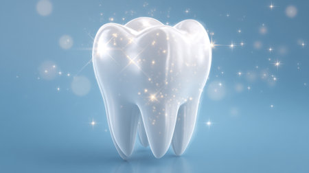 A bright white tooth stands prominently on a soft blue background, sparkling with light effects. This scene highlights dental care and the importance of oral hygiene for a healthy smile.の素材