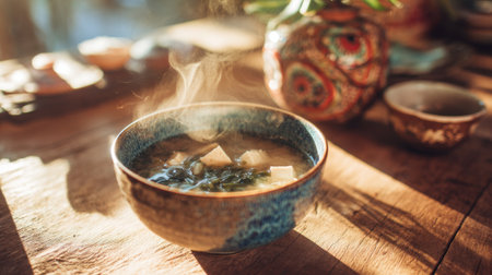 A bowl of hot soup sits on a wooden table, releasing steam into the air. Natural light shines in, highlighting the warm colors and inviting atmosphere of the setting.の素材