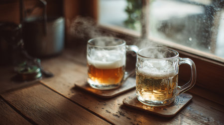 Two steaming mugs of beer rest on a wooden table beside a window. The warm light creates a cozy atmosphere, perfect for relaxation on a chilly day.の素材