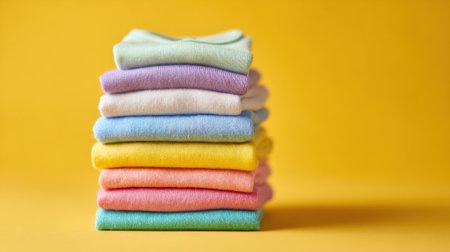 A neat stack of folded sweaters in pastel colors sits against a vibrant yellow background. The arrangement highlights a variety of soft textures, ideal for casual wear during cooler days.の素材