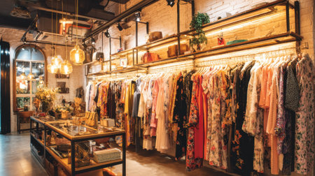 A vibrant boutique presents an array of colorful dresses and accessories hanging neatly on racks. Soft lighting creates a warm atmosphere for shoppers.の素材