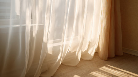 Sunlight streams through light, sheer curtains in a bright room. The gentle glow creates warm shadows along the wooden floor, enhancing the peaceful atmosphere.の素材
