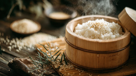 A bamboo steaming basket holds freshly cooked rice, topped with sesame seeds. The setting features wooden textures and scattered sesame seeds, suggesting a warm, inviting meal preparation.の素材
