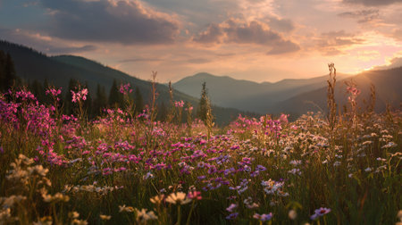 Vibrant wildflowers fill a lush meadow surrounded by mountains as the sun sets, casting warm light over the landscape. Nature's beauty is on full display in this peaceful scene.の素材