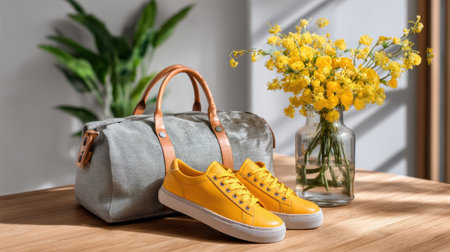 A pair of vibrant yellow sneakers sits next to a trendy bag on a wooden table. A vase filled with cheerful yellow flowers adds color to the sunlit room.の素材