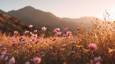 A vibrant field blooms with various wildflowers as the sun sets behind distant mountains, casting a warm glow on the landscape. The scene showcases natures beauty in peaceful harmony.の素材