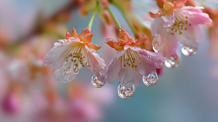 Delicate pink cherry blossoms hang from branches, glistening with raindrops. The soft colors and droplets enhance the beauty of springtime moments in nature.の素材