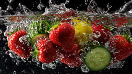 Fresh strawberries, lemon, and cucumber drop into water, creating a burst of splashes and bubbles. The scene captures a vibrant moment of hydrating fruits in action.の素材