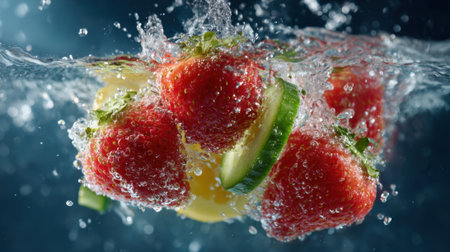 Fresh strawberries, slices of lemon, and cucumber splash into clear water, creating lively bubbles and reflections. The scene is bright and refreshing, ideal for a summer beverage or snack.の素材