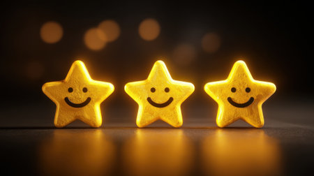 Three golden stars with smiley faces sit close together, illuminated against a dark background, spreading a feeling of happiness and warmth in the scene.の素材