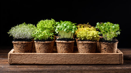 Various herbs are growing in biodegradable pots arranged on a wooden table. The dark background emphasizes the vibrant green of the plants, showing their freshness and health.の素材