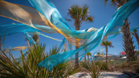 Bright blue and golden ribbons sway gently in the wind, surrounded by palm trees and beach vegetation. A vibrant beach scene unfolds under a clear blue sky.の素材
