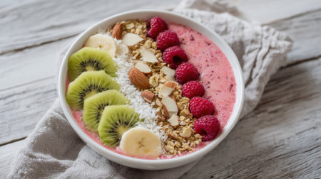 A vibrant smoothie bowl is filled with fresh raspberries, kiwi, banana, and crunchy granola. It is beautifully arranged, showing healthy ingredients on a wooden table.の素材