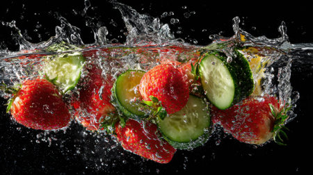 Juicy strawberries and fresh cucumbers jump into clear water, creating an energetic splash. The dark background highlights the vibrant colors and fresh textures of the fruits and vegetables.の素材