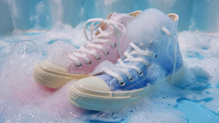 Colorful sneakers sit in a pool of vibrant soap bubbles, showcasing a fun cleaning activity. The playful scene captures a joyful moment of caring for footwear.の素材