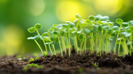 Small green seedlings are emerging from dark soil, thriving in a garden. Soft sunlight filters through, creating a warm, inviting atmosphere typical of spring.の素材