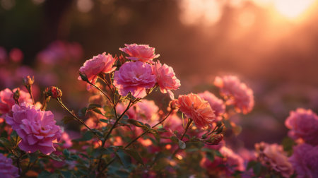 Bright pink roses blossom in a garden as the sun sets, casting a warm glow. The flowers sway gently in the breeze, showing nature's beauty at dusk.の素材