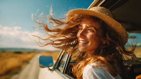 A woman is smiling as she drives through the countryside. Her hair flows in the wind while she enjoys the sunny weather, creating a sense of freedom and adventure.の素材