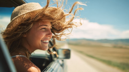 A woman with flowing hair wears a wide-brimmed hat and smiles brightly as she leans out of a car window. The open road and blue sky enhance the sense of freedom and adventure.の素材