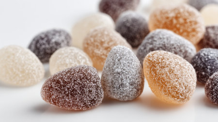 Brightly colored gummy candies in various shapes are arranged on a clean surface. The candies feature a sugary coating and come in a variety of flavors, creating a tempting display.の素材