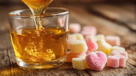 Golden honey is being poured into a clear glass near a variety of vibrant, fruity candies on a wooden table, creating a warm and inviting scene.の素材