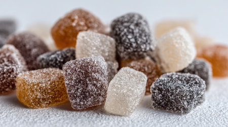 Tiny gelatin cubes in different colors and flavors are scattered on a white surface, creating a vibrant and tempting display of sugary delights ideal for candy lovers.の素材