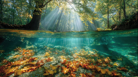 Sunlight pierces through lush trees, casting a warm glow on clear water. Vibrant autumn leaves float just beneath the surface in this peaceful forest setting.の素材