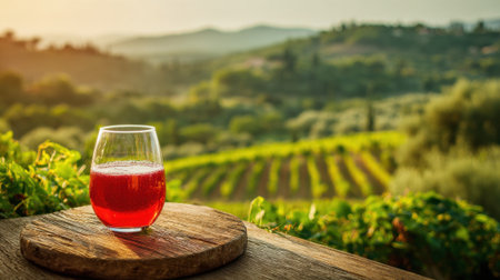 A vivid red drink sits in a glass on a wooden surface, surrounded by lush vineyards and rolling hills under a warm sunset sky, creating a serene atmosphere.の素材