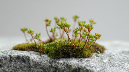 Small green plants and moss thrive on a rough gray stone, showing nature's resilience. Sunlight highlights their vibrant colors in a peaceful outdoor scene.の素材