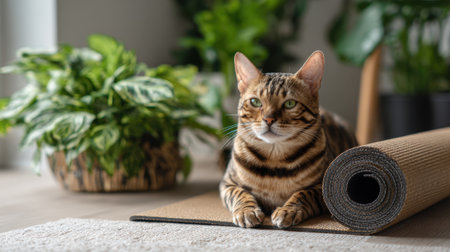 A Bengal cat lies comfortably on a yoga mat, surrounded by vibrant green indoor plants. The bright room creates a calming atmosphere, perfect for relaxation.の素材
