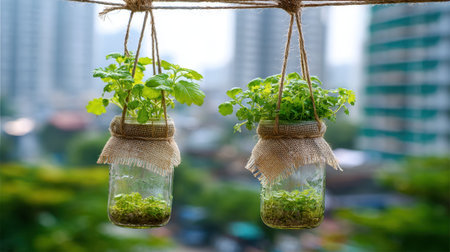 Small jars with fresh herbs hang from a twine, creating a charming green space on a balcony. The urban skyline provides a beautiful backdrop, showing nature in the city.の素材