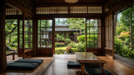 A peaceful room features sliding doors opening to a lush garden. Soft mats cover the floor, inviting relaxation as sunlight streams in. Nature and architecture blend harmoniously.の素材