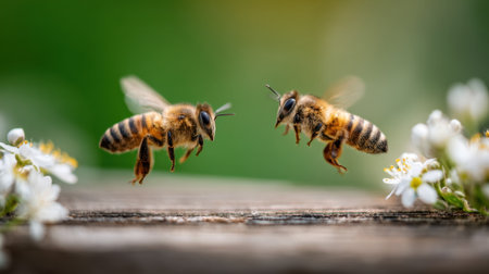Two honey bees are captured mid-flight above small white flowers in a bright garden. Their wings shimmer in the sunlight as they navigate through the floral landscape.の素材