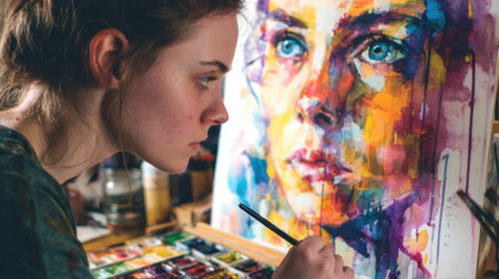 A young artist focuses intently on a bright portrait, blending colors with a brush in a warm and inviting art studio filled with supplies. Natural light enhances the scene.の素材