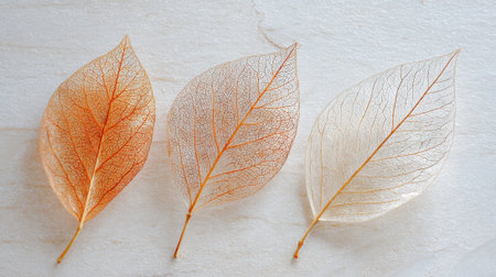 Three delicate leaves are placed on a smooth, light-colored surface. Each leaf displays intricate vein patterns, with varying degrees of color, showing nature's artistry and fragility.の素材