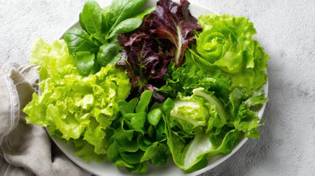 A variety of fresh leafy greens is displayed on a white plate. These greens include different types of lettuce, perfectly arranged for salad preparation or healthy eating.の素材