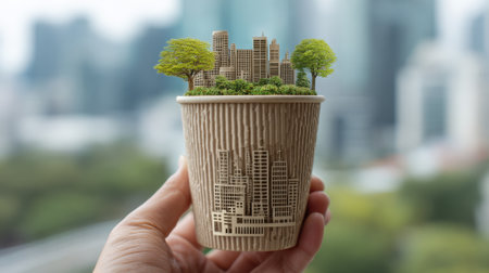 A hand holds a coffee cup that features a miniature cityscape and greenery emerging from it. The vibrant scene captures urban life blending with nature on a sunny day.の素材