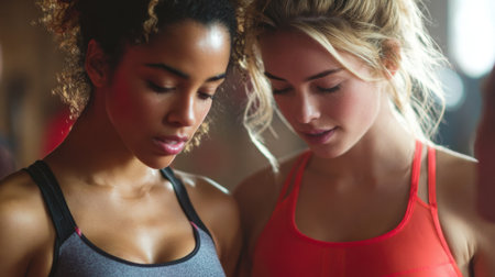 Two women engage in a deep moment of concentration in a fitness studio. They are dressed in workout attire and appear to be sharing techniques or encouragement during a class.の素材