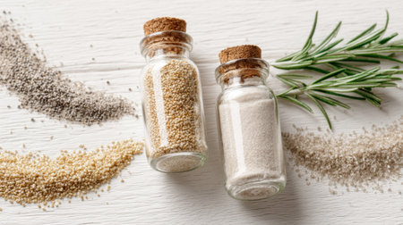 Two glass jars filled with different spices sit beside sprigs of fresh rosemary. Various spices are artistically arranged, creating a vibrant display on a white wooden surface.の素材