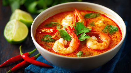 A vibrant bowl of shrimp soup is served with fresh herbs, lime wedges, and chili peppers. The soup is rich in color and flavor, highlighting a blend of spices.の素材