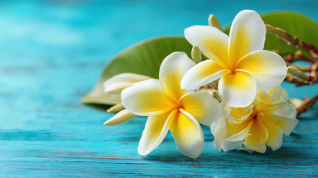 Plumeria flowers with white petals and yellow centers rest on a bright blue wooden surface. The natural light enhances their delicate features and vivid colors.の素材