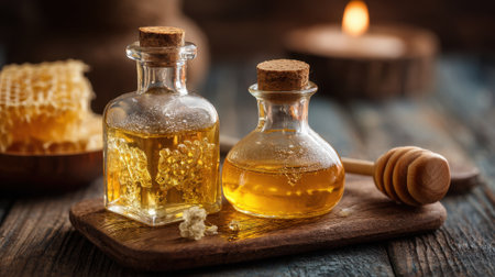 Two glass jars filled with honey and natural oils sit on a rustic wooden table. A honey dipper lies beside them, with warm candlelight illuminating the scene.の素材