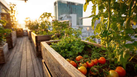 Rooftop garden showcases thriving vegetable plants, including tomatoes and lettuce, basking in the warm glow of sunset against a city skyline.の素材