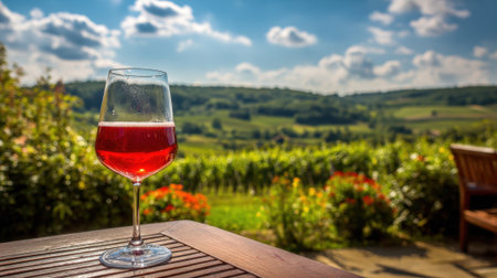 A glass of red wine sits on a wooden table, overlooking expansive green vineyards and hills. The sun shines brightly, enhancing the serene landscape in the background.の素材