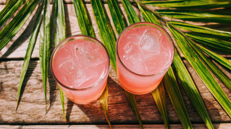 Two glasses filled with a bright pink beverage and ice cubes are placed on a rustic wooden surface. Green palm leaves add a tropical vibe to the scene.の素材