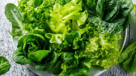 A vibrant collection of various types of fresh greens is displayed on a white plate. The greens include romaine, butterhead, and leaf lettuce, showing different textures and shades of green.の素材