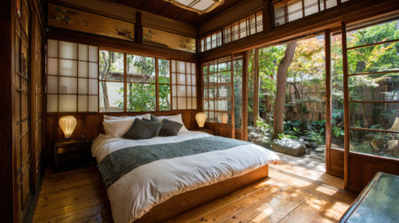 A comfortable bedroom features a large bed with soft bedding, natural light streaming through wooden windows, and a peaceful view of a garden with greenery and lanterns.の素材