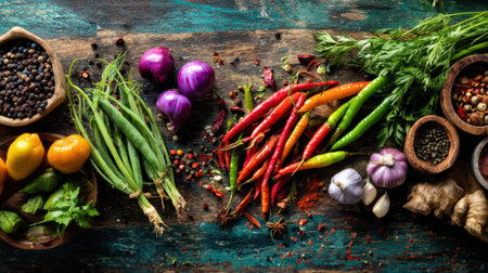Colorful vegetables and spices are beautifully arranged on a wooden table. Green beans, red and green chilies, carrots, and garlic create a vibrant display for cooking.の素材